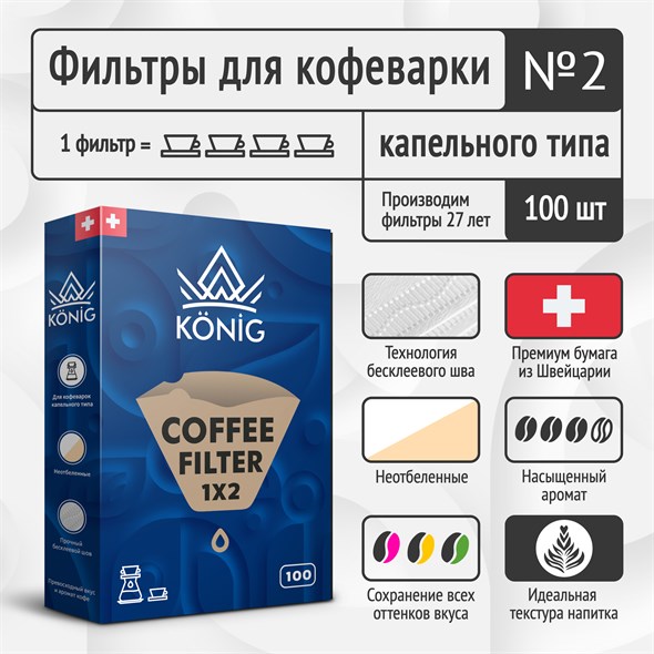 Фильтры бумажные для кофе, кофеварок, кофемашин неотбеленные KONIG №2 100 шт. - фото 28341